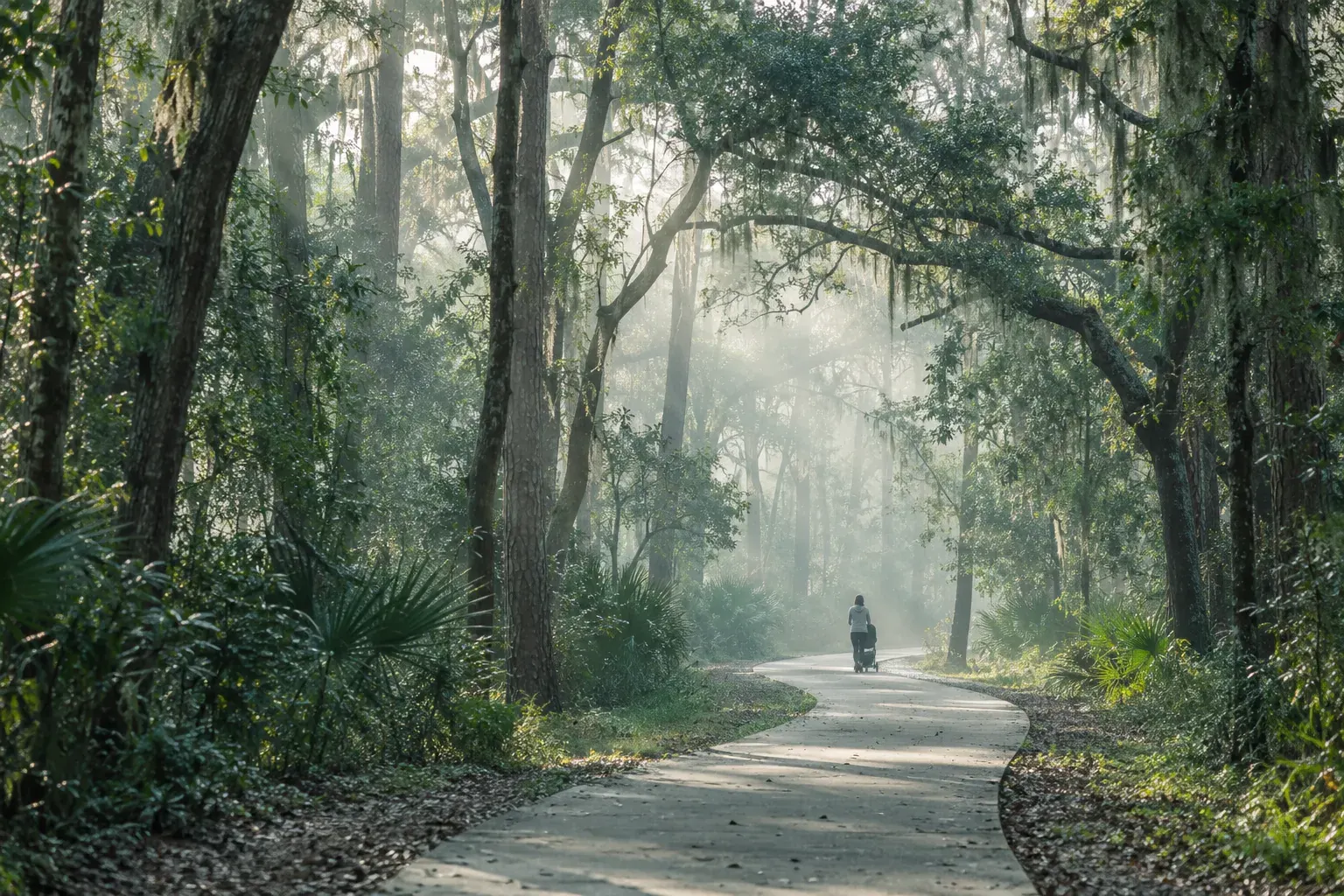 A tree-lined greenway in soft morning light, a parent walking with a stroller in the distance
